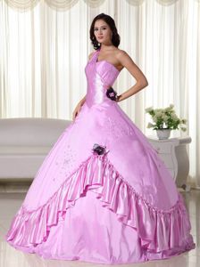 Pink One Shoulder Quinceanera Dress with Beading and Hand Made Flowers