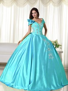 Off the Shoulder Baby Blue Taffeta Quinceanera Dress with Embroidery