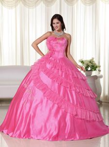 Discount Embroidery Strapless Taffeta Dresses For Quinceaneras in Hot Pink