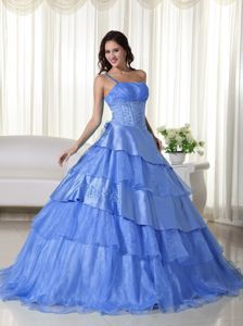 Beading One Shoulder Blue Organza Quinceanera Dress with Layers