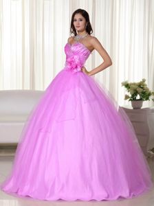 Gorgeous Beading and Ruche Sweetheart Tulle Quinceanera Dress in Pink