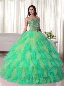 Appliques and Sash Strapless Tulle Quinceanera Dress in Multi-color