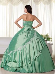 Green Ball Gown Corset Back Quinceanera Dress with White Appliques