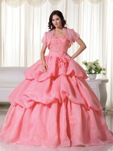 Matching Jacket Hand Flowers Quinceanera Dress in Watermelon Red