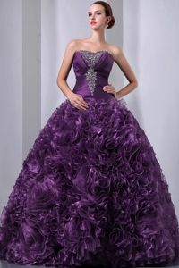Eggplant Purple Beading and Hand Made Flowers Quinceanea Dress