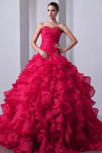 Hot Pink Beaded and Ruffles Discount 15 Dresses with Brush Train