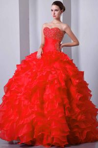 Red Princess Beading Sweetheart and Ruffles Quinceanera Gowns