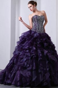 Purple Beading and Ruffles Quinceanera Dress Attached Brush Train