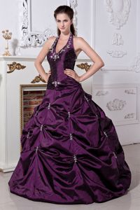 Halter Embroidery Sweet 16 Dresses with Ruffles in Eggplant Purple