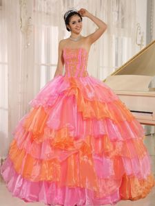 Ruffled Layers Decorate for Rose Pink and Orange Quinceanera Dress
