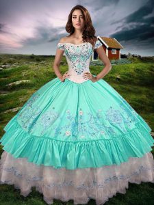 Decent Aqua Blue Ball Gowns Taffeta Off The Shoulder Sleeveless Beading and Embroidery and Ruffled Layers Floor Length Lace Up Sweet 16 Quinceanera Dress