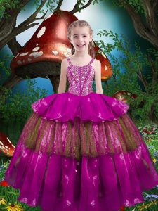 Top Selling Fuchsia Straps Neckline Beading and Ruffled Layers Pageant Gowns For Girls Sleeveless Lace Up
