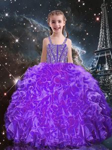 Eggplant Purple Ball Gowns Beading and Ruffles Evening Gowns Lace Up Organza Sleeveless Floor Length