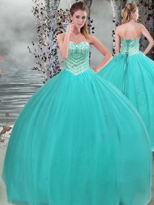 Comfortable Beading Quinceanera Dresses Turquoise Lace Up Sleeveless Floor Length
