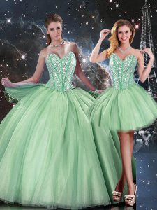 Shining Floor Length Lace Up Ball Gown Prom Dress Apple Green for Military Ball and Sweet 16 and Quinceanera with Beading