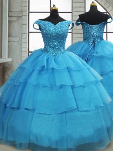 Cheap Off The Shoulder Sleeveless Sweet 16 Dresses Brush Train Beading and Ruffled Layers Baby Blue Organza