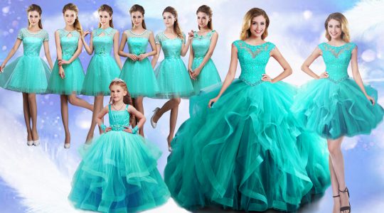 Turquoise Ball Gowns Scoop Sleeveless Tulle Floor Length Lace Up Beading and Lace Flower Girl Dresses for Less