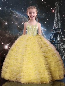 Inexpensive Champagne Straps Neckline Beading and Ruffled Layers Kids Formal Wear Sleeveless Lace Up