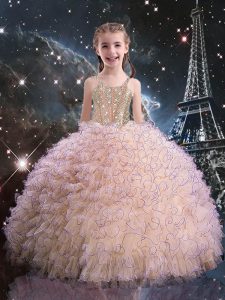 Pink Lace Up Little Girls Pageant Gowns Beading and Ruffles Sleeveless Floor Length
