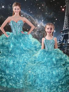 Aqua Blue Ball Gowns Sweetheart Sleeveless Organza Floor Length Lace Up Beading and Ruffles Sweet 16 Dresses