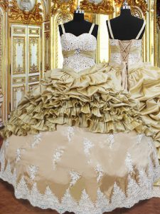 Champagne Ball Gowns Straps Sleeveless Taffeta Floor Length Lace Up Beading and Appliques and Ruffled Layers and Pick Ups Quinceanera Gown