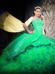 Brush Train Ball Gowns Quinceanera Dresses Green Sweetheart Organza Sleeveless With Train Lace Up