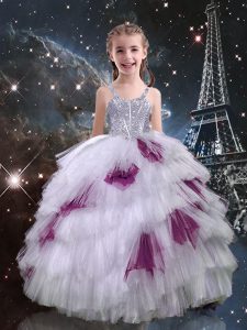 Sleeveless Beading and Ruffled Layers Lace Up Kids Formal Wear