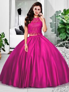 Fuchsia Zipper Quince Ball Gowns Lace and Ruching Sleeveless Floor Length
