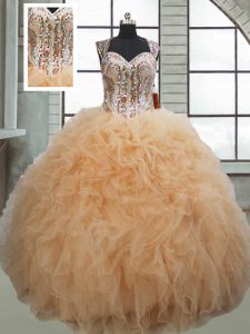 Cheap Champagne Organza Lace Up Quinceanera Gowns Sleeveless Floor Length Beading and Ruffles