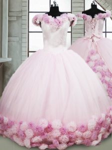 Top Selling Sleeveless Brush Train Hand Made Flower Lace Up Sweet 16 Quinceanera Dress