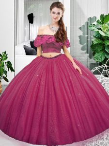 Modern Fuchsia Sleeveless Floor Length Lace and Ruching Lace Up Quince Ball Gowns