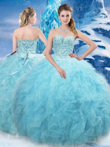 Sleeveless Floor Length Beading and Pick Ups Lace Up Quinceanera Dresses with Aqua Blue