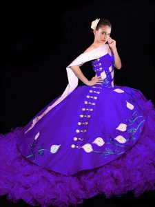 Beauteous Purple Sleeveless Organza Brush Train Lace Up 15 Quinceanera Dress for Military Ball and Sweet 16 and Quinceanera