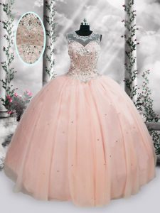Sleeveless Floor Length Beading and Sequins Lace Up 15th Birthday Dress with Pink