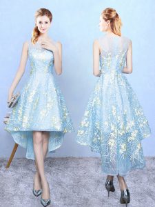 Classical Aqua Blue A-line Square Sleeveless Organza High Low Zipper Embroidery Dama Dress for Quinceanera