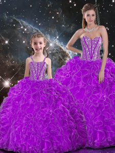 New Arrival Sleeveless Organza Floor Length Lace Up Sweet 16 Dress in Purple with Beading and Ruffles