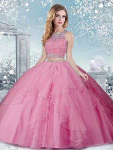 Luxury Beading Sweet 16 Quinceanera Dress Rose Pink Clasp Handle Sleeveless Floor Length