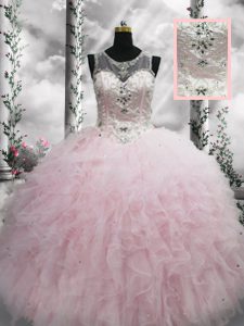 Artistic Scoop Sleeveless Lace Up Quince Ball Gowns Baby Pink Tulle