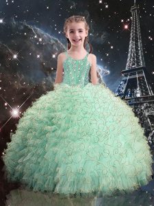 Inexpensive Straps Sleeveless Little Girls Pageant Dress Wholesale Floor Length Beading and Ruffles Turquoise Organza