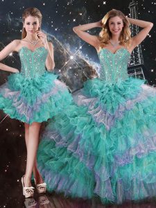 Fashionable Floor Length Multi-color Quinceanera Gowns Organza Sleeveless Beading and Ruffled Layers