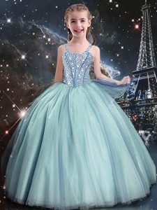 Dazzling Teal Ball Gowns Beading Pageant Dress for Teens Lace Up Tulle Sleeveless Floor Length