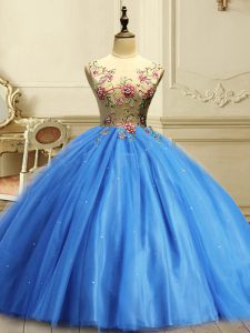 Delicate Floor Length Baby Blue 15th Birthday Dress Tulle Sleeveless Appliques and Sequins