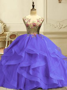 Custom Made Lavender Organza Lace Up Quinceanera Gowns Sleeveless Floor Length Appliques and Ruffles