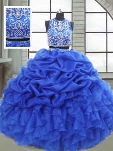 Scoop Sleeveless Quinceanera Gown Floor Length Beading and Ruffles and Pick Ups Royal Blue Organza