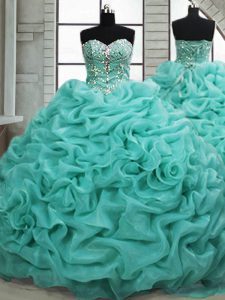 High Class Turquoise Lace Up Ball Gown Prom Dress Beading and Pick Ups Sleeveless Brush Train