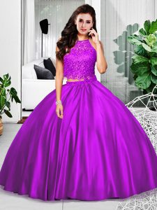 Halter Top Sleeveless Quinceanera Gown Floor Length Lace and Ruching Eggplant Purple Taffeta
