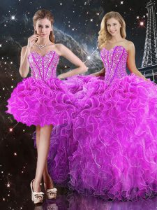 Glittering Fuchsia Ball Gowns Organza Sweetheart Sleeveless Beading and Ruffles Floor Length Lace Up Quinceanera Dress
