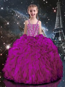 Fuchsia Lace Up Straps Beading and Ruffles Little Girl Pageant Dress Organza Short Sleeves