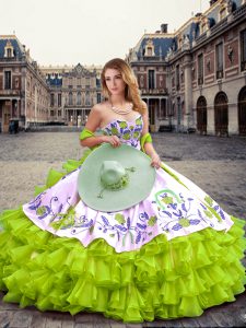 Glorious Yellow Green Quinceanera Dress Military Ball and Sweet 16 and Quinceanera with Embroidery and Ruffled Layers Sweetheart Sleeveless Lace Up