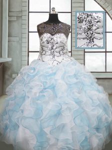 Glamorous Blue And White Lace Up Sweet 16 Dresses Beading and Ruffles Sleeveless Floor Length
